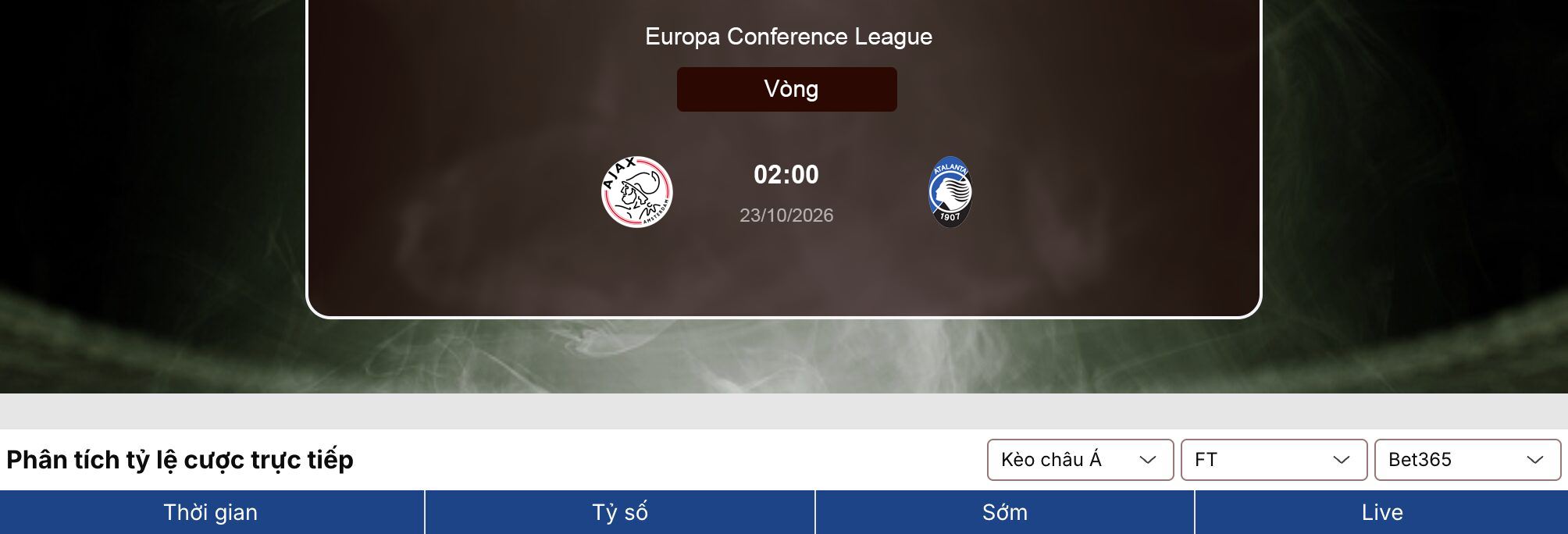 Tỷ lệ kèo: Ajax vs Atalanta 2h ngày 23/10/2026 1 Tỷ lệ kèo